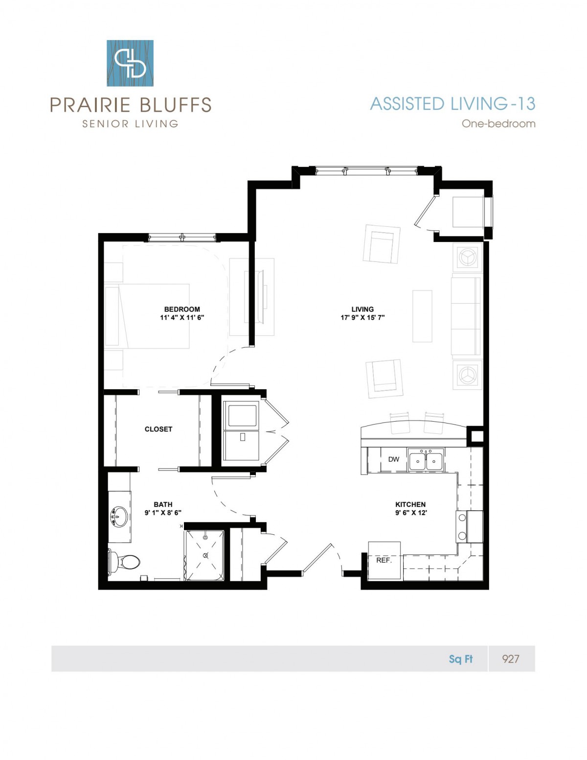 A floor plan of an apartment from Prairie Bluffs, detailing the layout and room configurations.