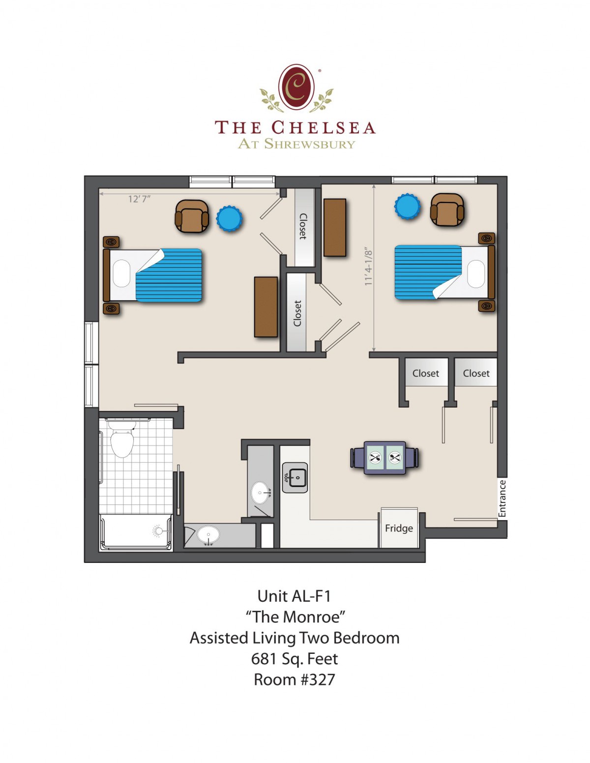 Floor plan of a two-bedroom assisted living unit at The Chelsea.