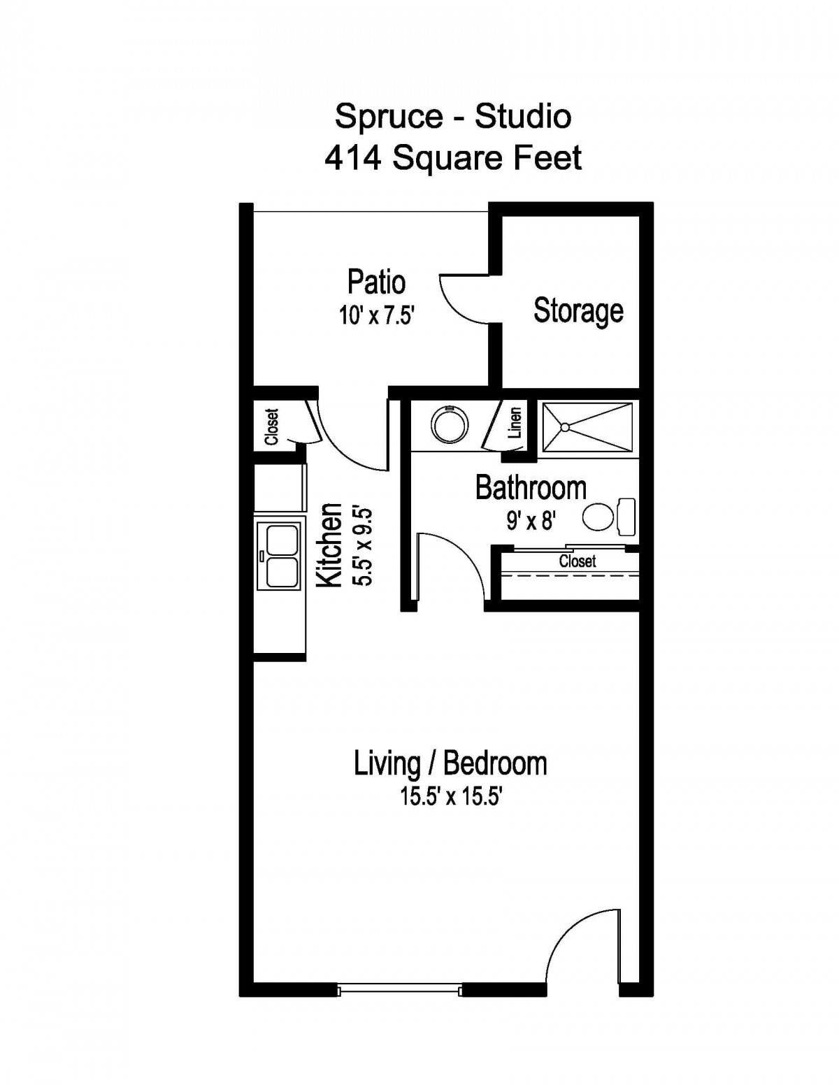 Floor plan of a 414 square foot studio apartment, including living/bedroom space, kitchen, bathroom, patio, and storage area.