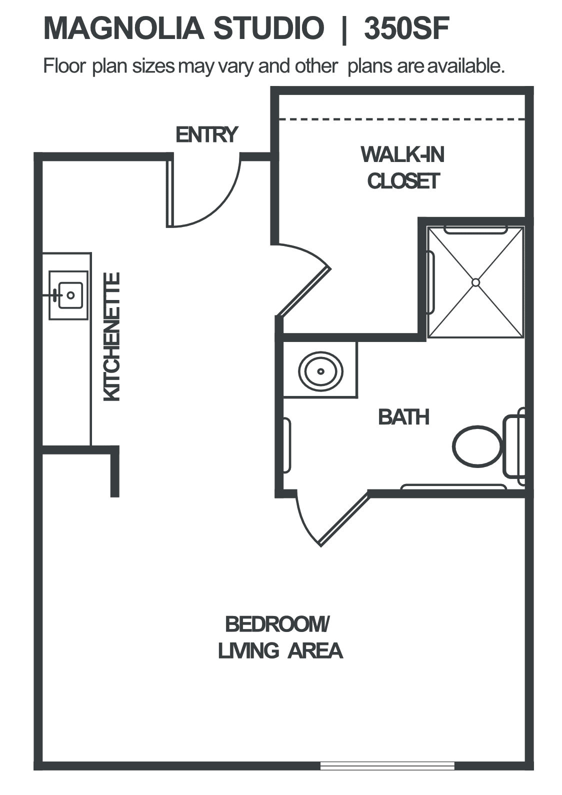 A studio apartment floor plan featuring a kitchenette, bathroom, and walk-in closet.