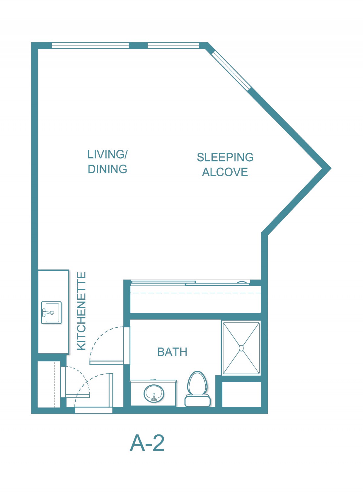 Floor plan of a studio apartment featuring a living/dining area, sleeping alcove, kitchenette, and bathroom.