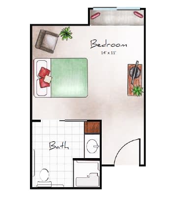 A simple floor plan illustrating a bedroom and bathroom layout.