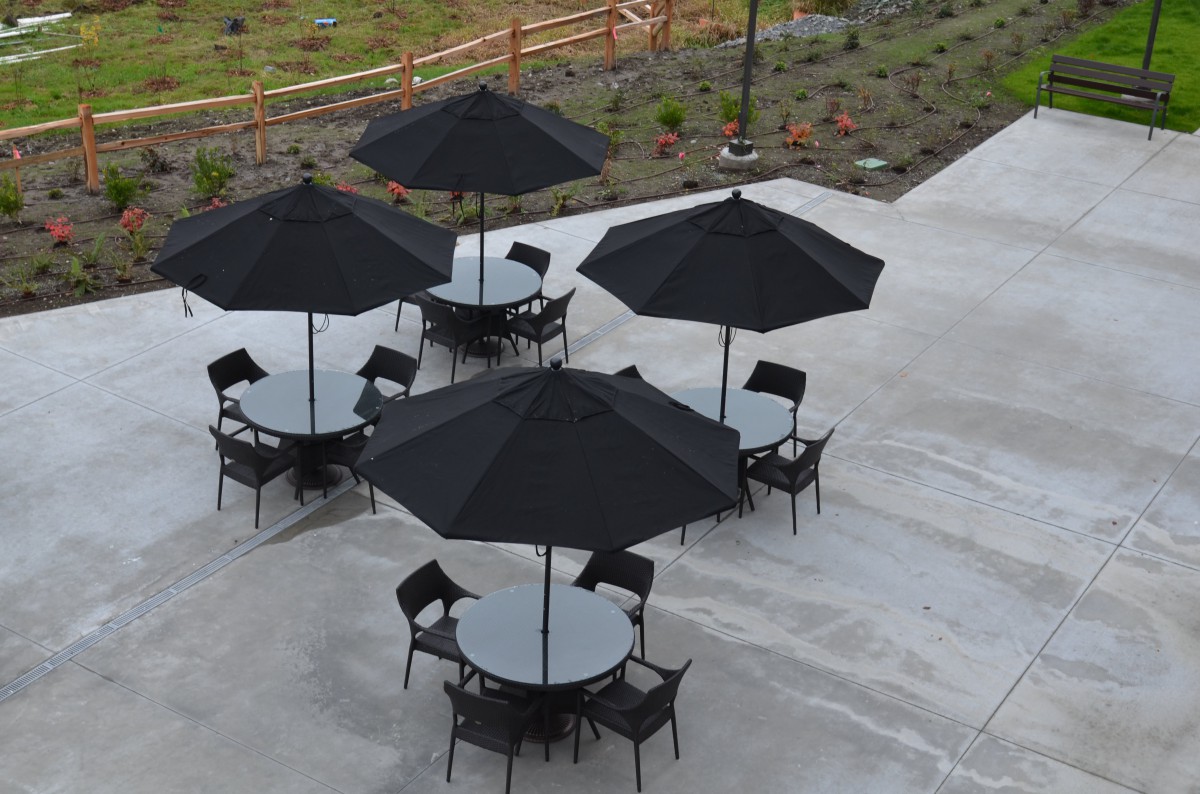 An outdoor seating area with tables, chairs, and umbrellas on a concrete patio.