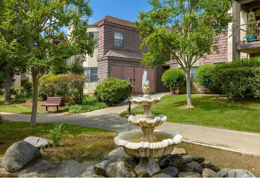 A serene garden area featuring a beautiful fountain, surrounded by lush greenery and pathways.
