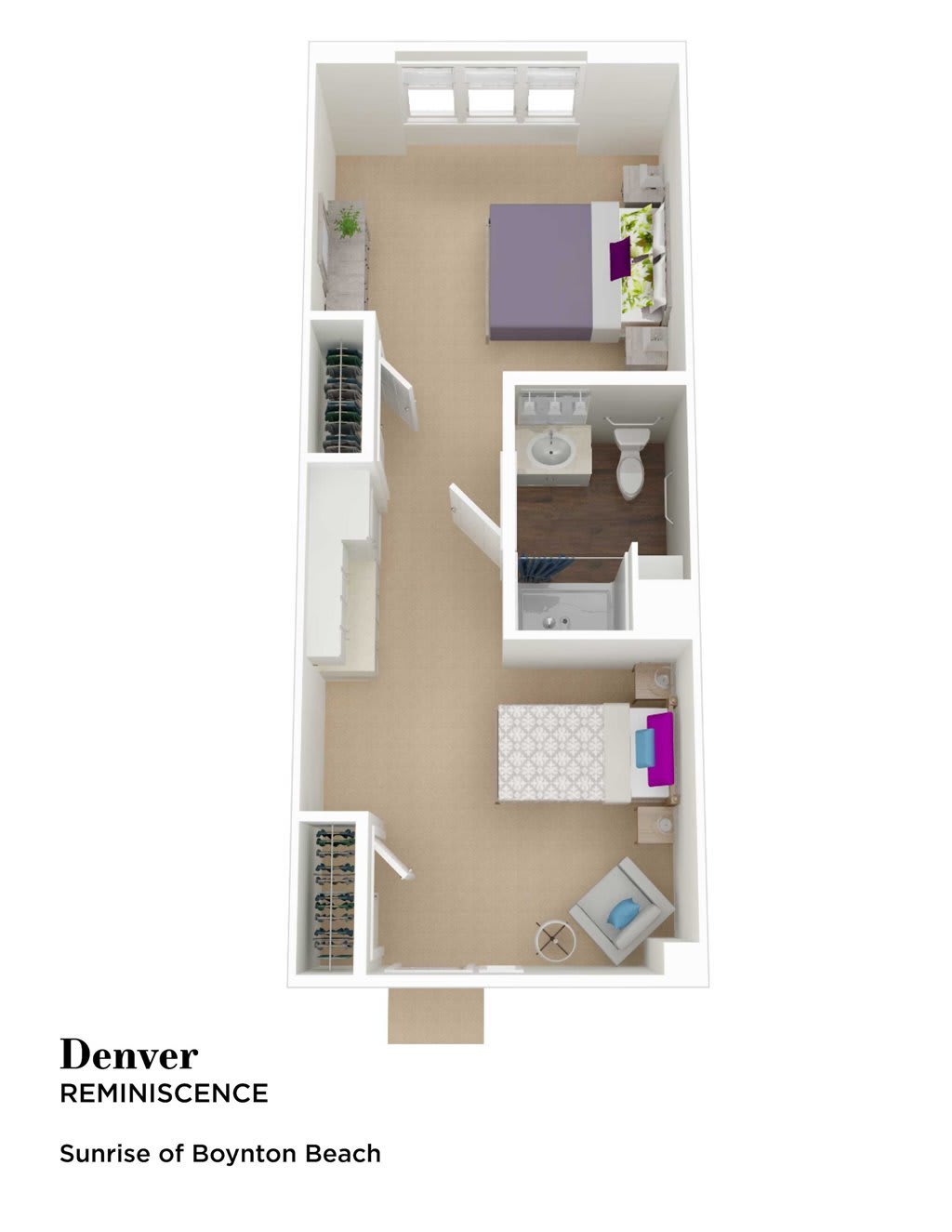 A 3D floor plan of a compact one-bedroom apartment with designated living, sleeping, and bathroom areas.