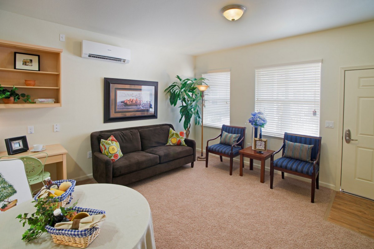 A cozy living room with a sofa, two chairs, a coffee table, and decor including plants and artwork.