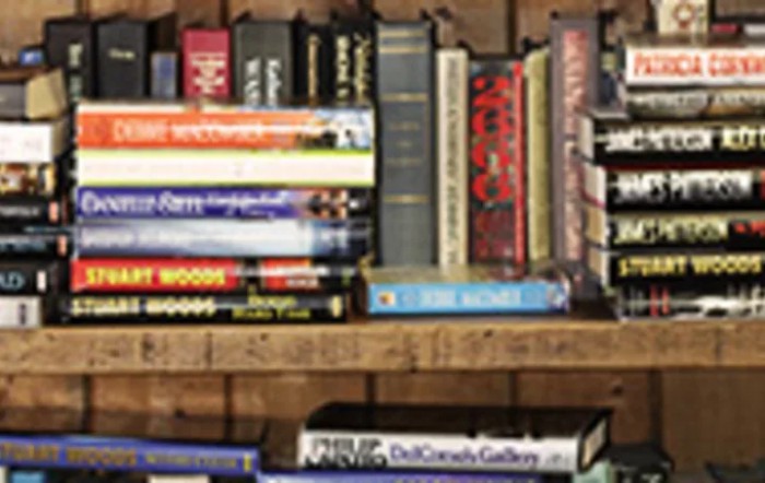 A wooden bookshelf filled with a variety of books.