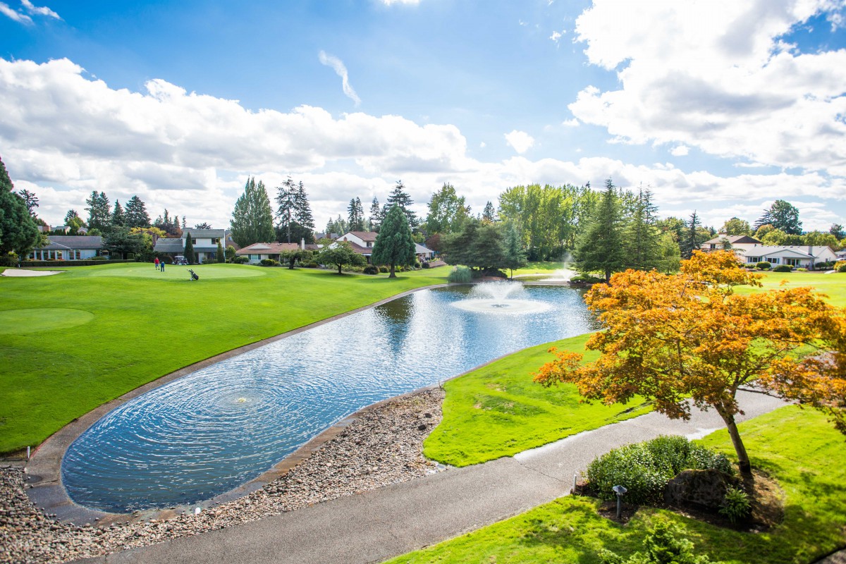 A scenic view of a park with a lake, surrounded by trees and a pathway under a partly cloudy sky.