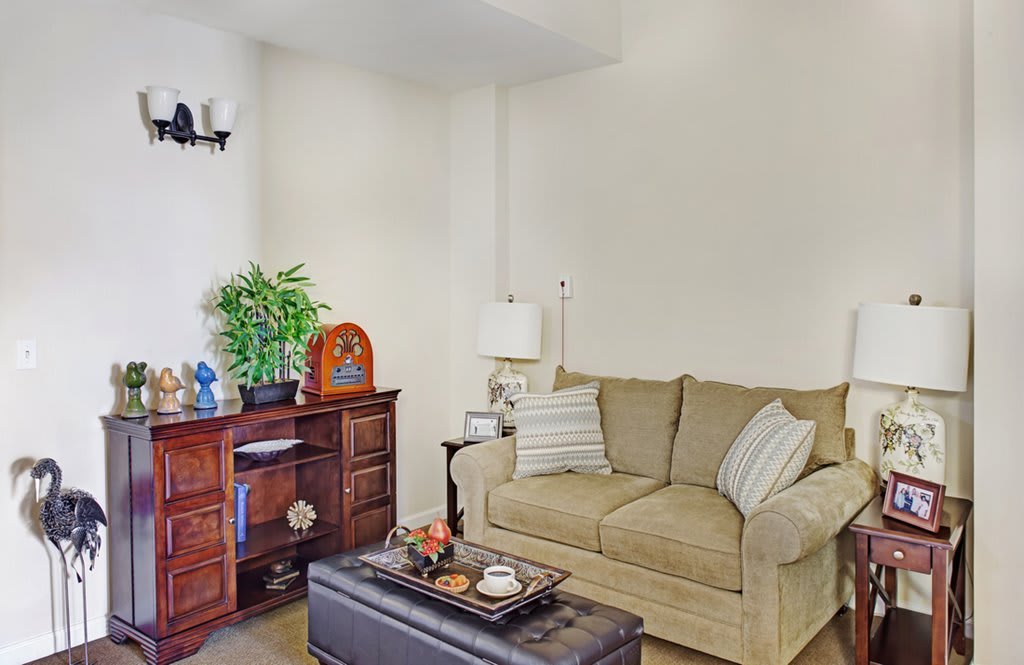 A cozy living room with a beige sofa, decorated coffee table, and indoor plants.