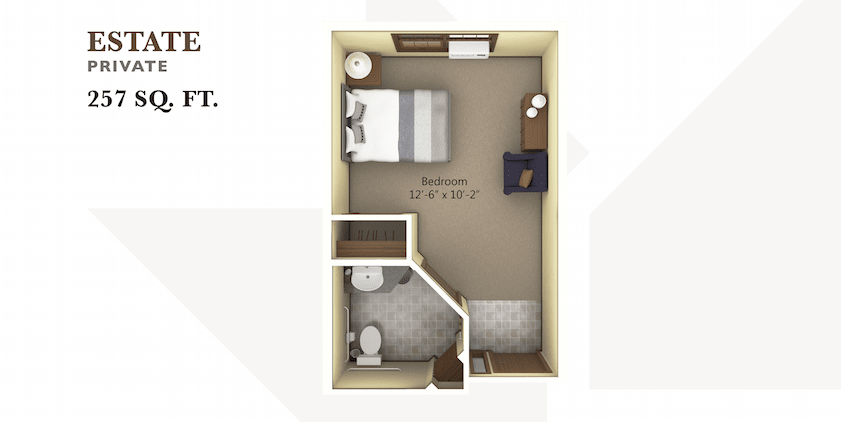 A compact apartment floor plan featuring a bedroom and an attached bathroom.