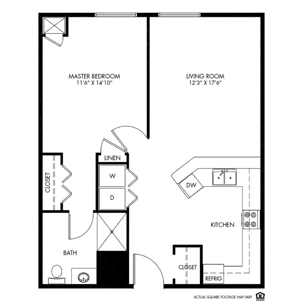 A floor plan of a one-bedroom apartment featuring a kitchen, living room, and bathroom.