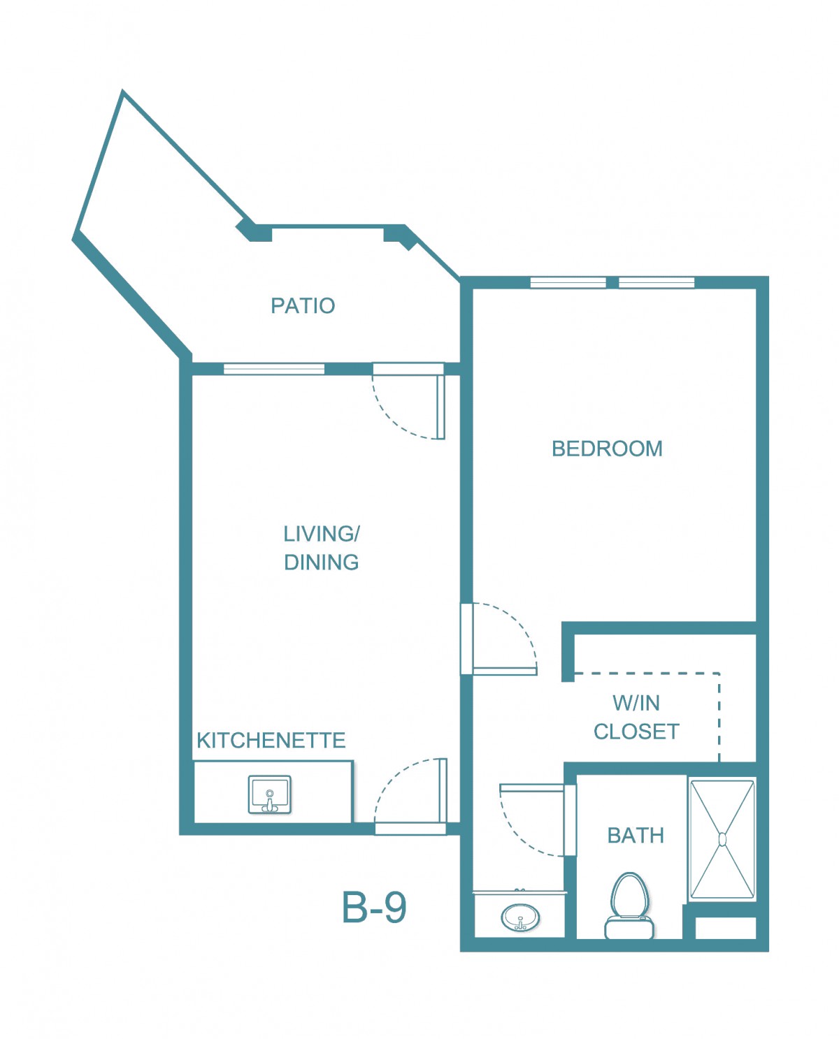 Floor plan of a one-bedroom apartment with a living/dining area, kitchen, bathroom, walk-in closet, and patio.