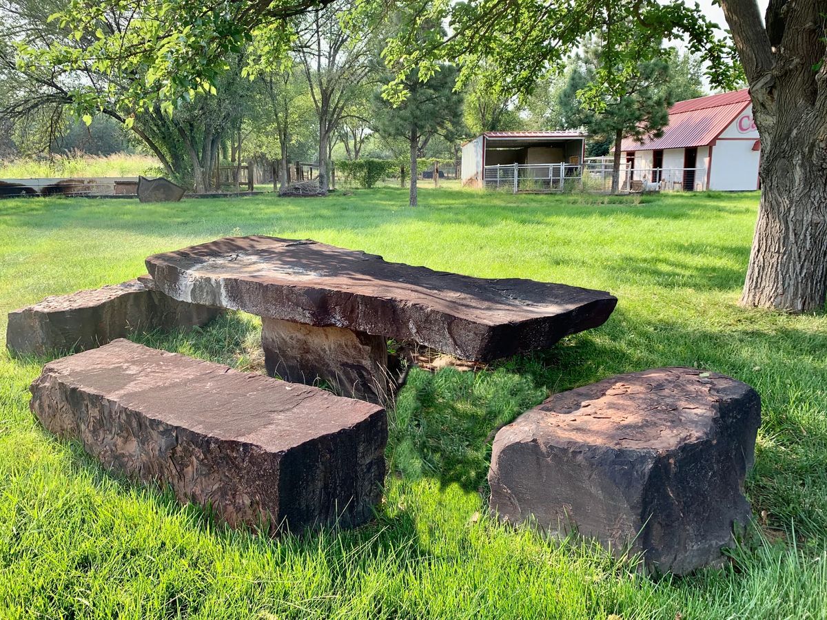 An outdoor stone table and benches set amidst a grassy park area with trees and buildings in the background.