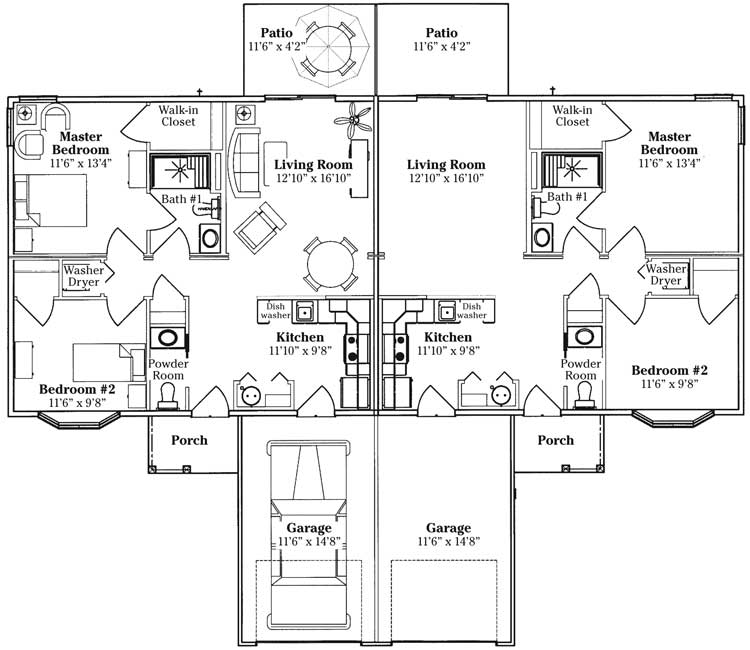 A detailed architectural floor plan displaying the layout of a duplex house, including rooms such as bedrooms, kitchens, living rooms, and garages.
