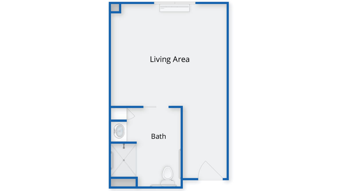 A simple studio apartment floor plan featuring a living area and bathroom.