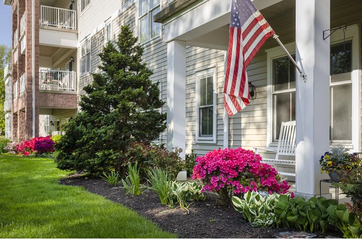 A charming front yard with vibrant flowers and a patriotic flag.