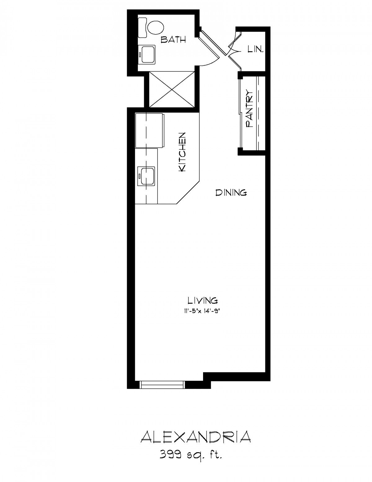 A simple floor plan showing the layout of an apartment with designated areas for living, dining, and kitchen.