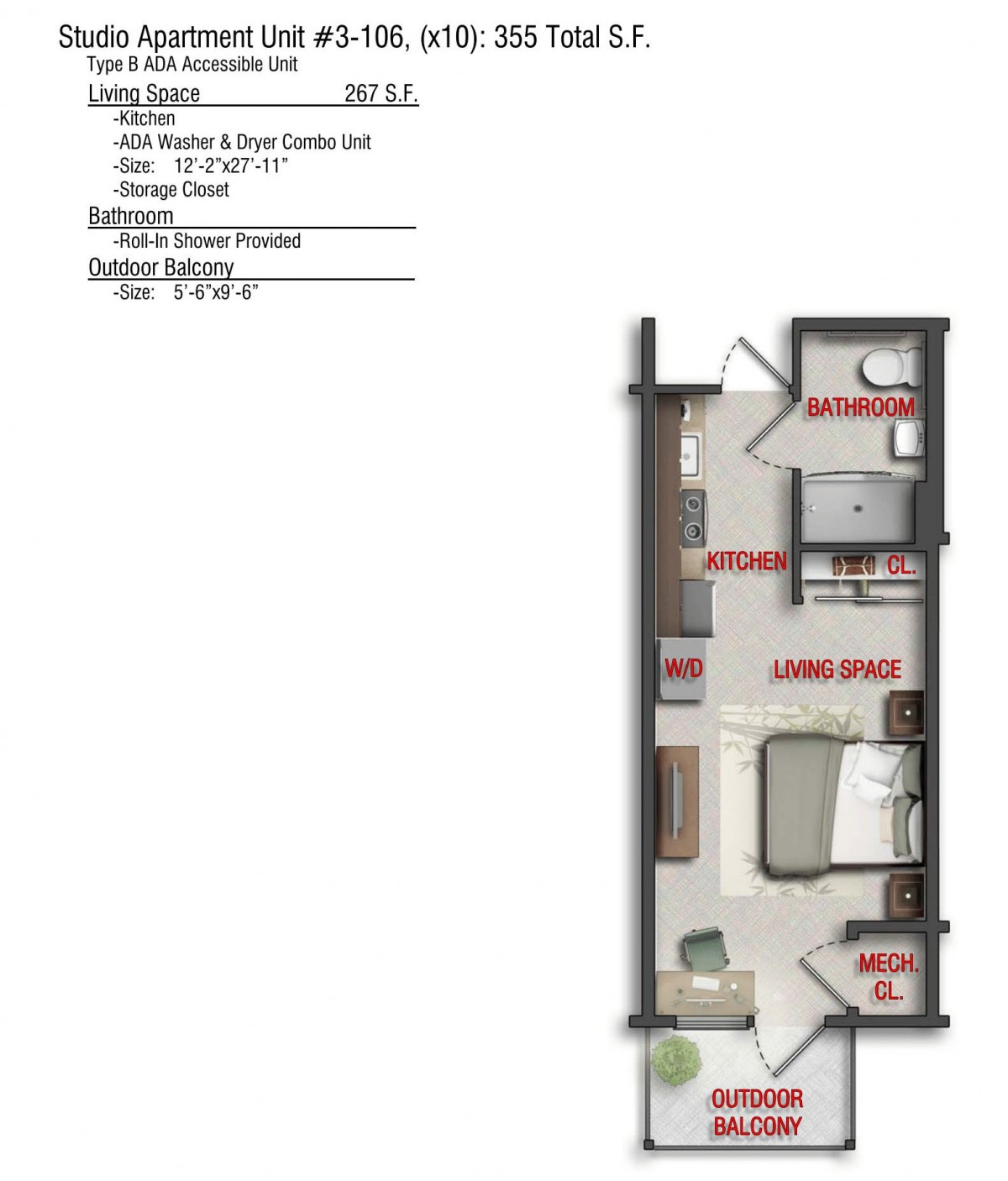 A detailed floor plan of a single suite apartment featuring a living area, bedroom, kitchen, and bathroom.