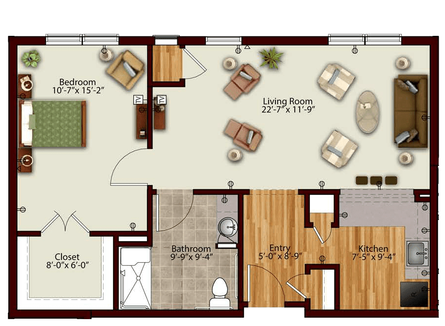 An apartment floor plan featuring a bedroom, living room, bathroom, and kitchen.