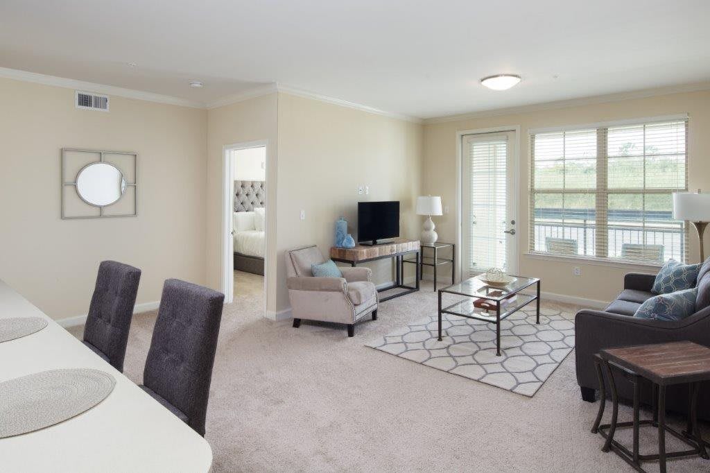 A cozy living room with a sofa, TV, and coffee table arranged on a carpeted floor.