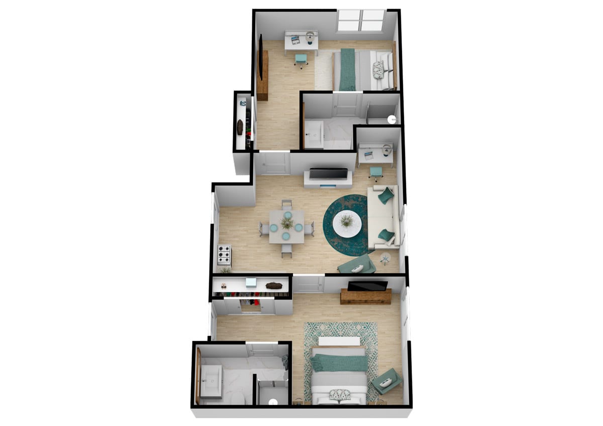 A 3D floor plan of a modern apartment with two bedrooms, a living area, and an open kitchen.