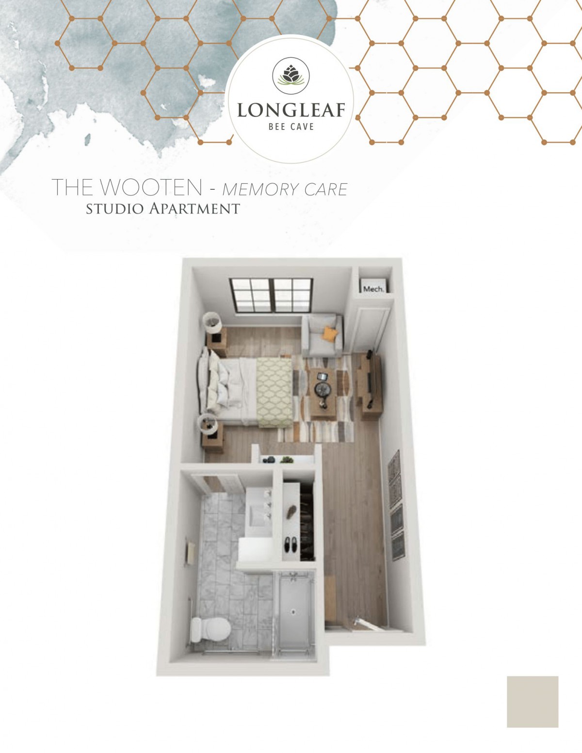 A floor plan illustration of a studio apartment from Longleaf.