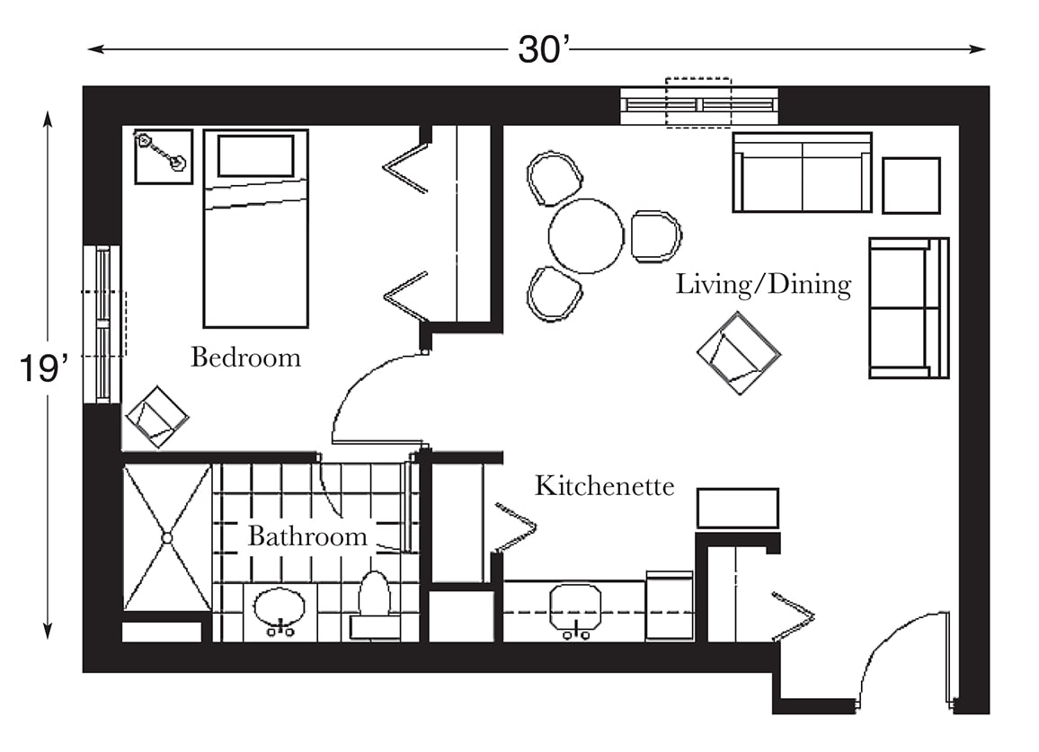 A floor plan displaying a one-bedroom apartment layout with a kitchenette, living/dining area, and bathroom.