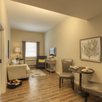 A cozy living room with comfortable seating, stylish decor, and warm lighting.