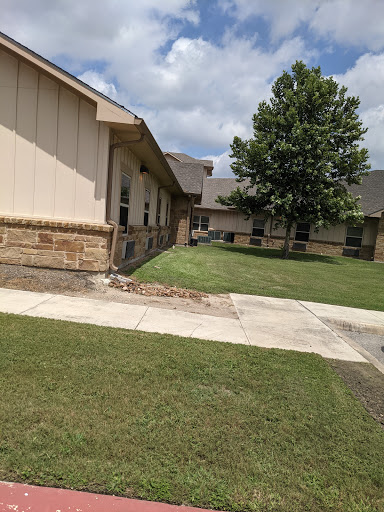 A view of a residential building surrounded by green grass and a tree.
