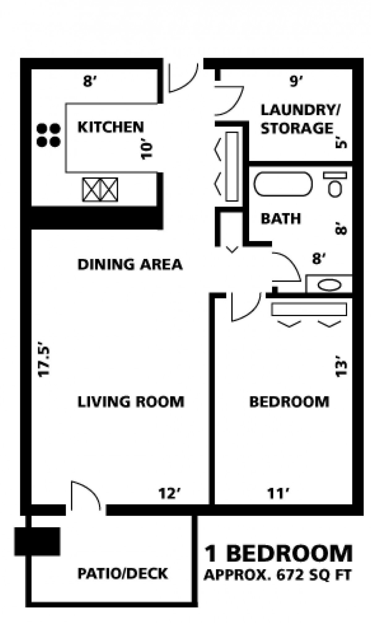 A floor plan of a one-bedroom apartment with a kitchen, bathroom, living room, dining area, and storage space.