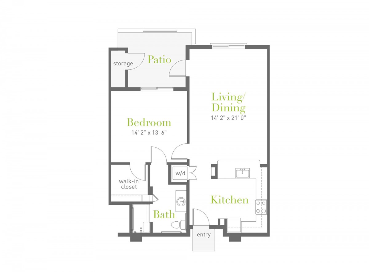 A simple floor plan depicting the layout of an apartment with a bedroom, living/dining area, kitchen, bath, and patio.