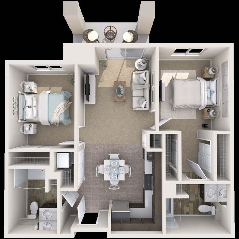 A detailed floor plan of a two-bedroom apartment with furniture layout.