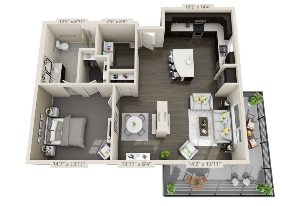 A 3D rendering of a modern apartment floor plan featuring multiple rooms, including a kitchen, living room, and two bedrooms.