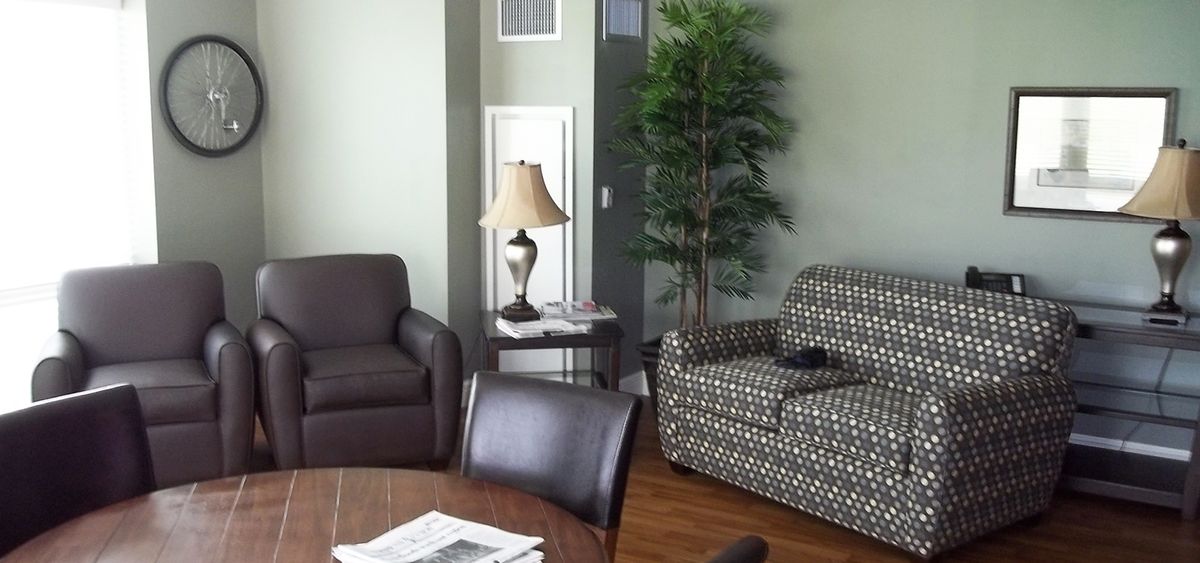 A cozy living room with a sofa, patterned armchair, side table, and decorative plant.