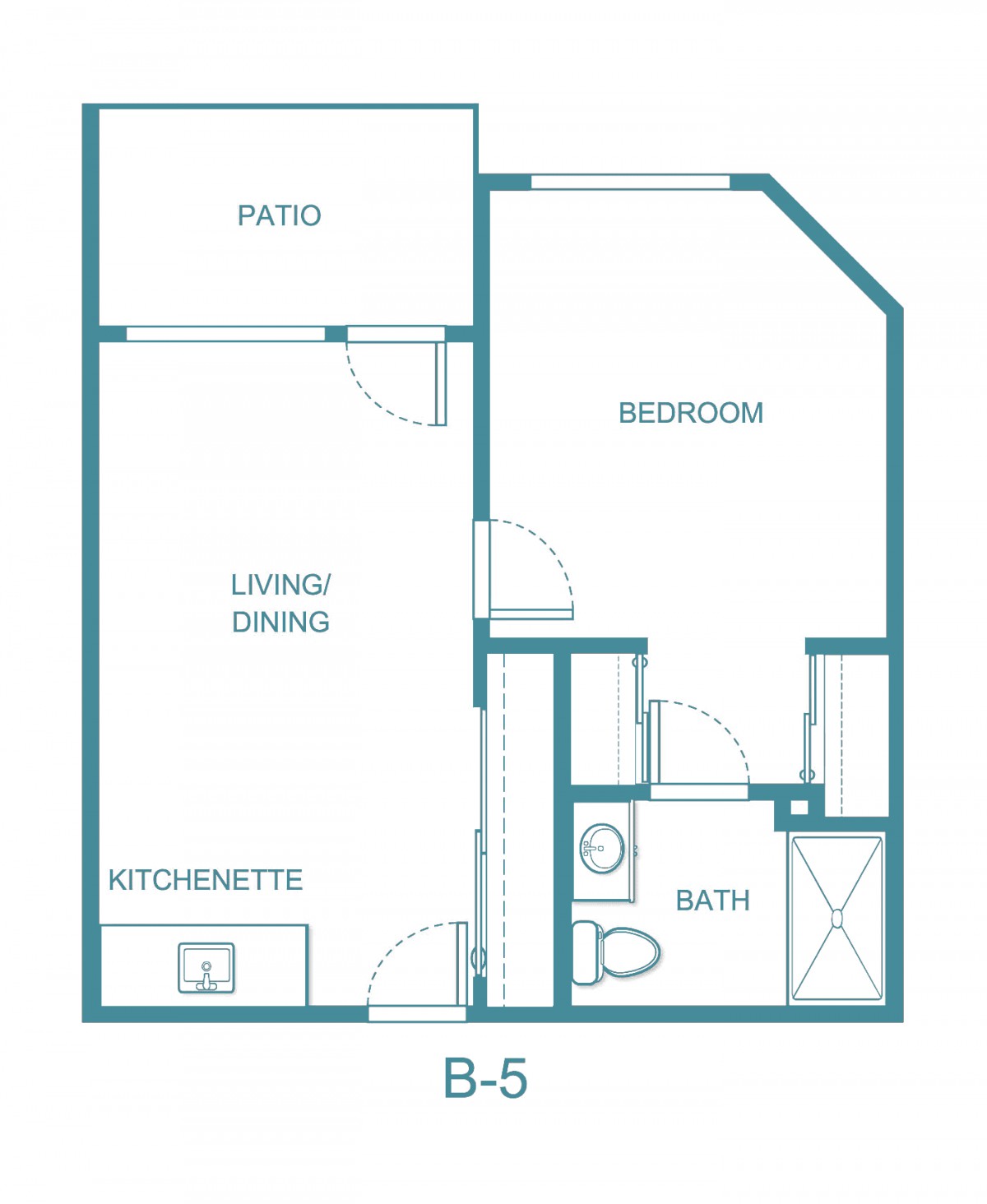 Floor plan of a one-bedroom apartment with a kitchenette, living/dining area, bathroom, and patio.