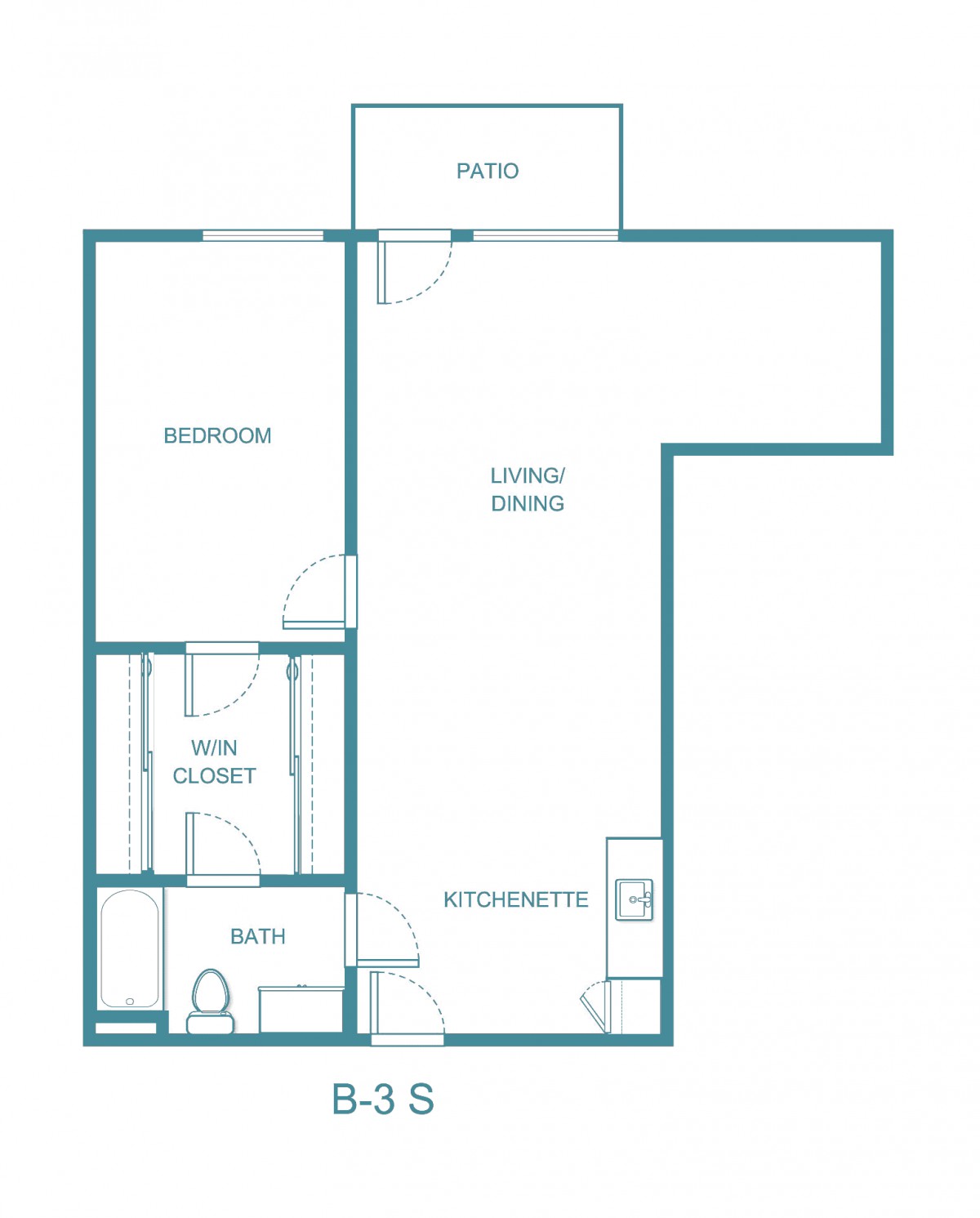 A simple one-bedroom apartment floor plan including a living area, kitchenette, and bathroom.