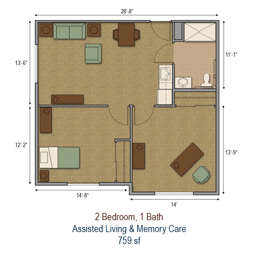 Floor plan of a 2-bedroom, 1-bath assisted living and memory care apartment, measuring 750 square feet.