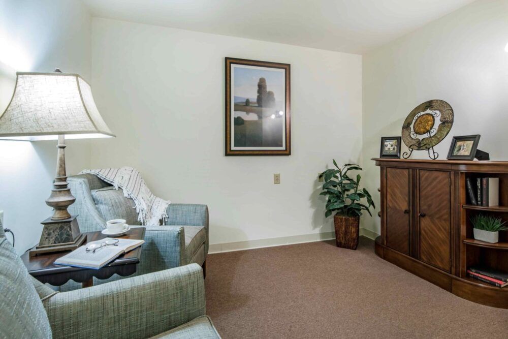 A cozy living room featuring a sofa, lamp, artwork on the wall, a plant, and a wooden cabinet.