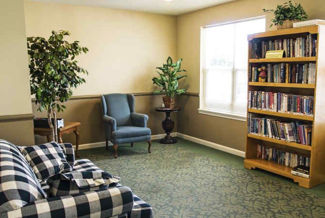 A cozy living room with a blue armchair, bookshelf, and indoor plants.
