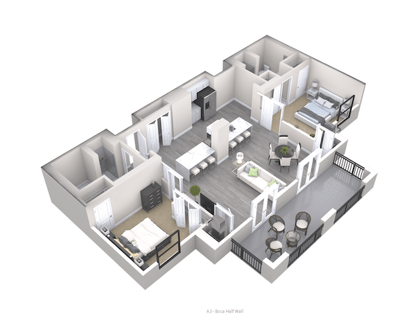 3D floor plan of a two-bedroom apartment featuring an open kitchen, living area, and two bathrooms.