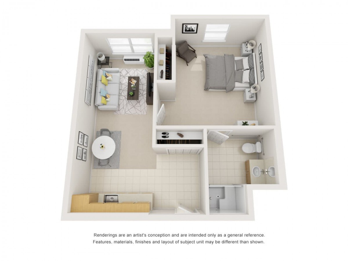 A 3D floor plan of a one-bedroom apartment showcasing the layout and interior design.