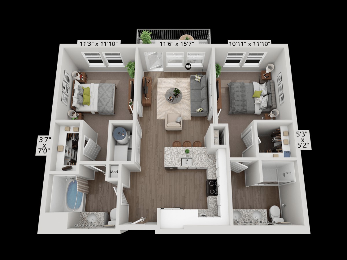 A 3D floor plan of a modern two-bedroom apartment with a living room, kitchen, and bathrooms.