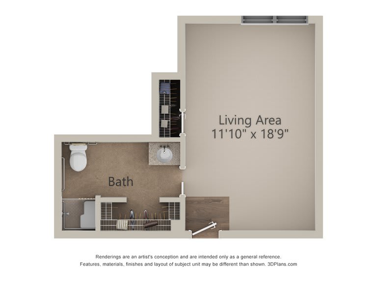 A studio apartment floor plan featuring a living area and bathroom layout.