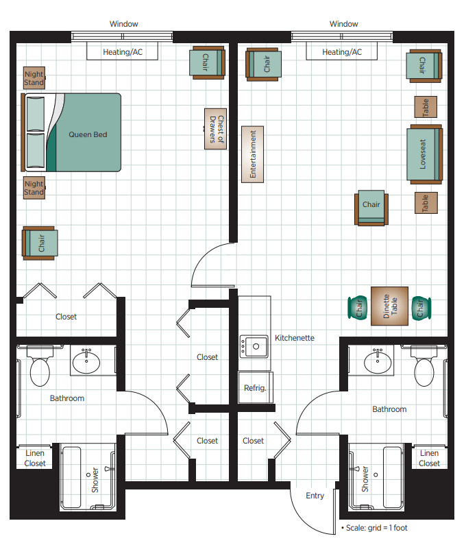 A detailed floor plan of a two-bedroom apartment with labeled rooms and furniture placement.