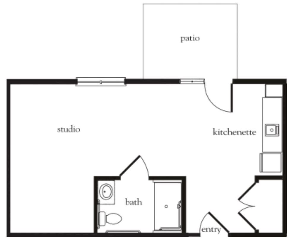 This is a floor plan of a studio apartment with a kitchenette, bath, and patio.