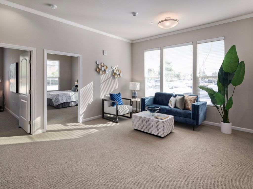 A modern living room with a blue sofa and elegant decor, filled with natural sunlight.
