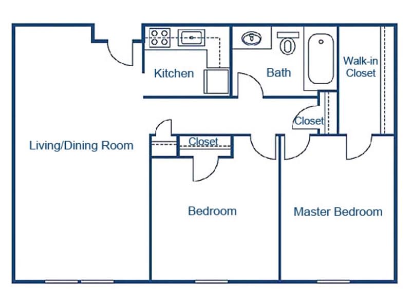 A floor plan of a two-bedroom apartment with a kitchen, bathroom, living/dining room, and closets.