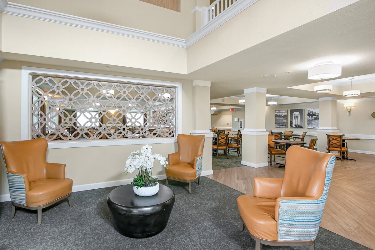 A modern lobby area with comfortable seating and elegant decor.