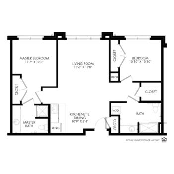A floor plan showing a two-bedroom apartment layout with labeled rooms.
