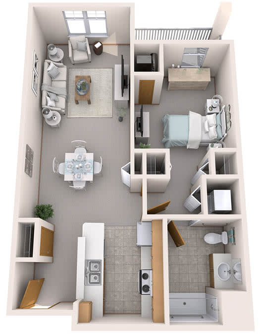 A detailed floor plan of a modern one-bedroom apartment with a kitchen, living room, and bathroom.